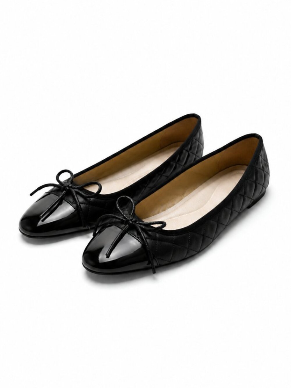 Quilted Patent Cap-Toe Ballet Flats - Black